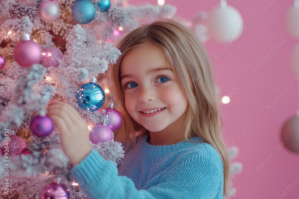 Fototapeta premium Small child teenage girl decorates festive Christmas tree a bright ornaments with beautiful New Year’s bauble. Young girl in a winter sweater on the background of a Xmas tree