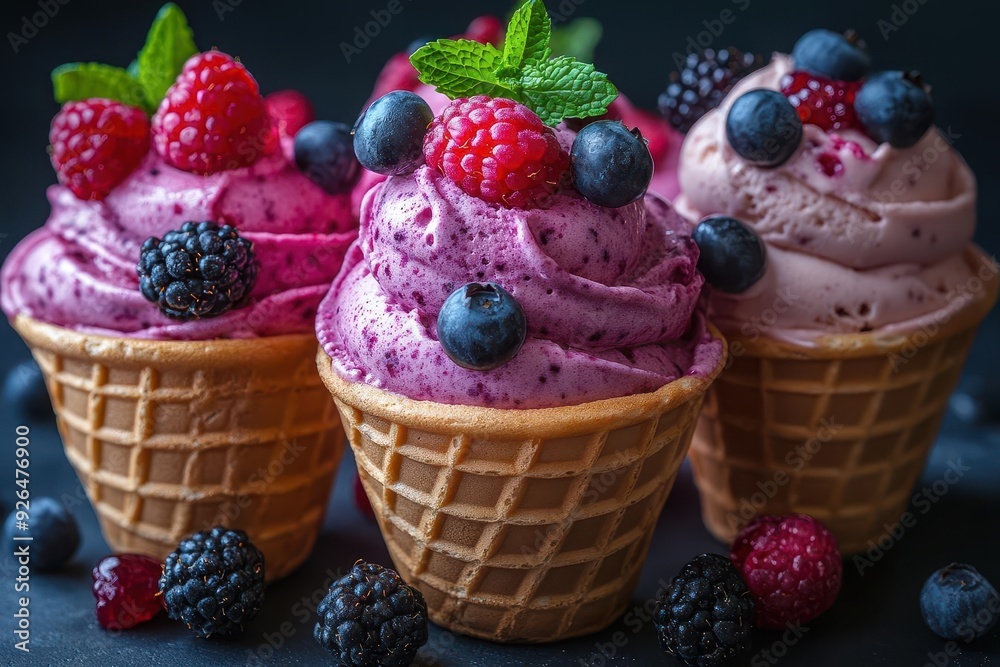 artisanal gelato in vibrant colors swirled into a crisp waffle cone closeup shot highlighting creamy texture garnished with fresh berries and mint artisanal gelato in vibrant colors swirled into a crisp waffle cone closeup shot highlighting creamy texture garnished with fresh berries and mint