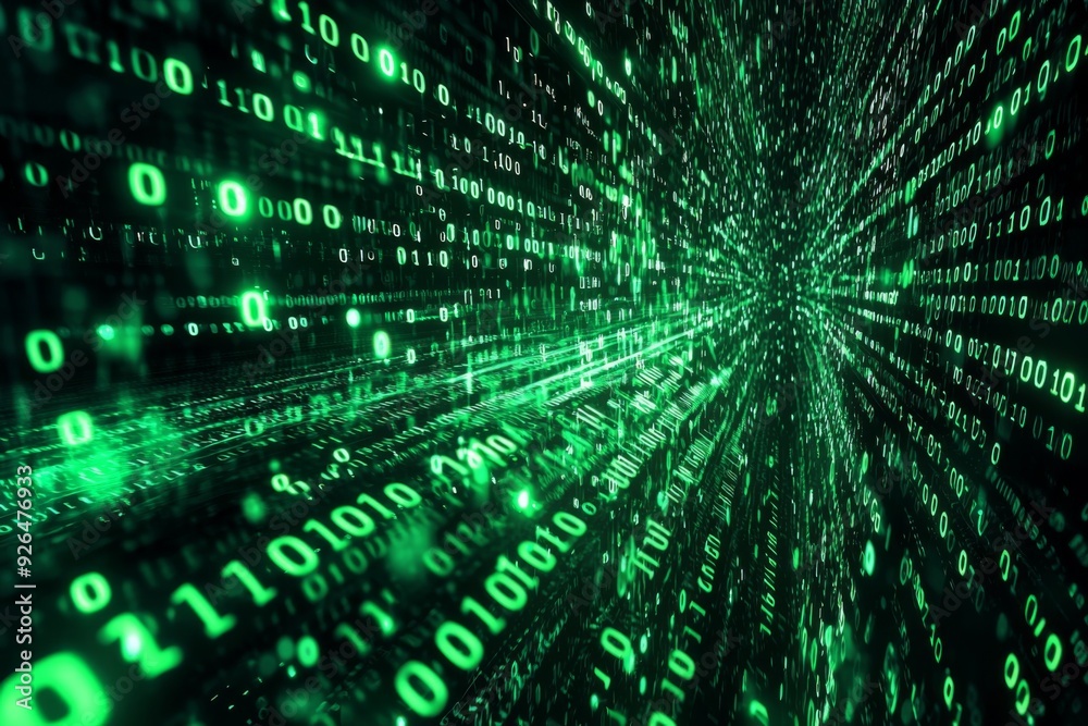 Green Dark Binary Code with Data Streaming Background created with Generative AI Green Dark Binary Code with Data Streaming Background created with Generative AI