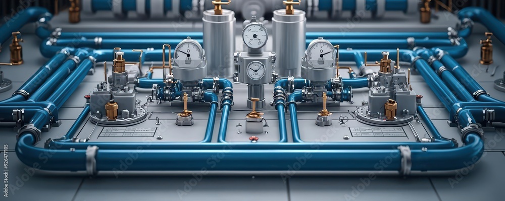 A complex mechanical setup with blue metal pipes feeding into hydraulic systems, surrounded by control levers and dials, photo-realistic, precision engineering A complex mechanical setup with blue metal pipes feeding into hydraulic systems, surrounded by control levers and dials, photo-realistic, precision engineering