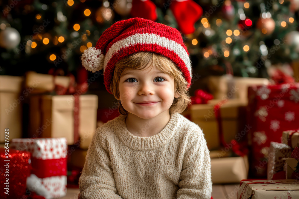 Little boy stands against the backdrop of decorated Christmas tree. happy child stands at Christmas tree decorated with bright decorations during holiday season, smiling sweetly, Little boy stands against the backdrop of decorated Christmas tree. happy child stands at Christmas tree decorated with bright decorations during holiday season, smiling sweetly,