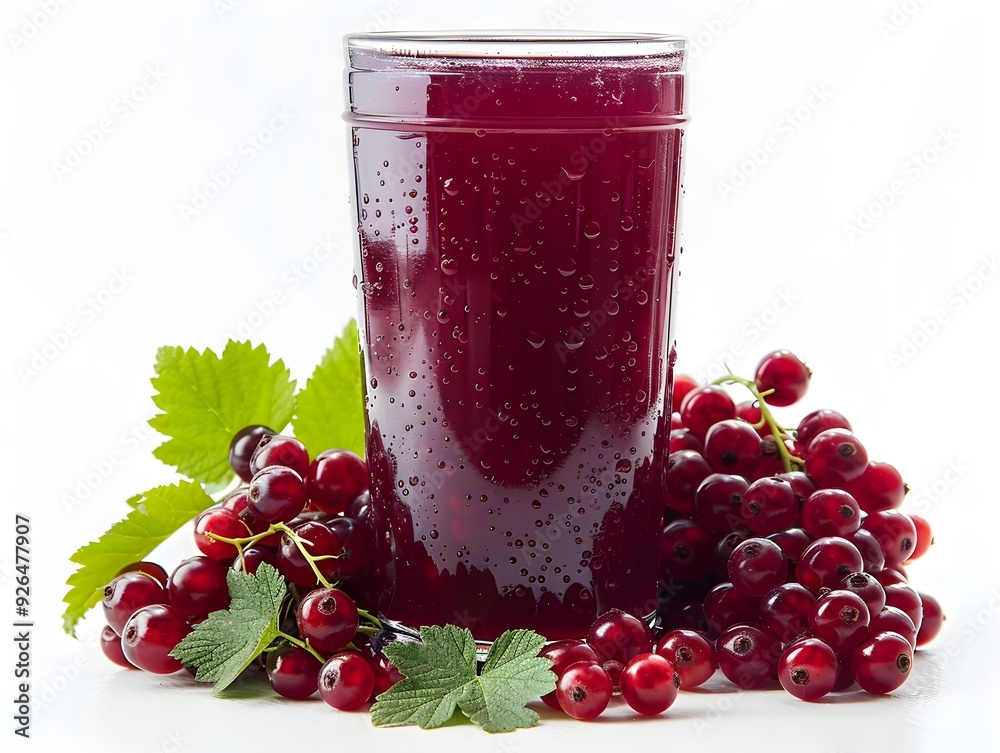 Fresh red currant juice in a glass surrounded by ripe currants and green leaves