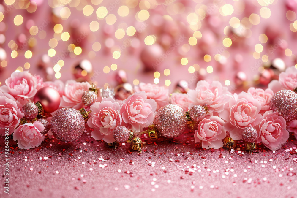 Pink roses and glittery ornaments with a sparkling evening background Pink roses and glittery ornaments with a sparkling evening background