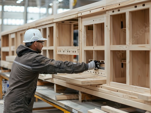 Worker assembling wooden furniture in a manufacturing facility during the daytime