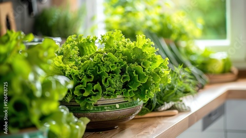 Fresh, vibrant green vegetables displayed on a kitchen counter, representing healthy eating and nutrition