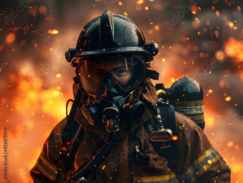 Firefighter battling flames in protective gear during a dangerous blaze at night photo