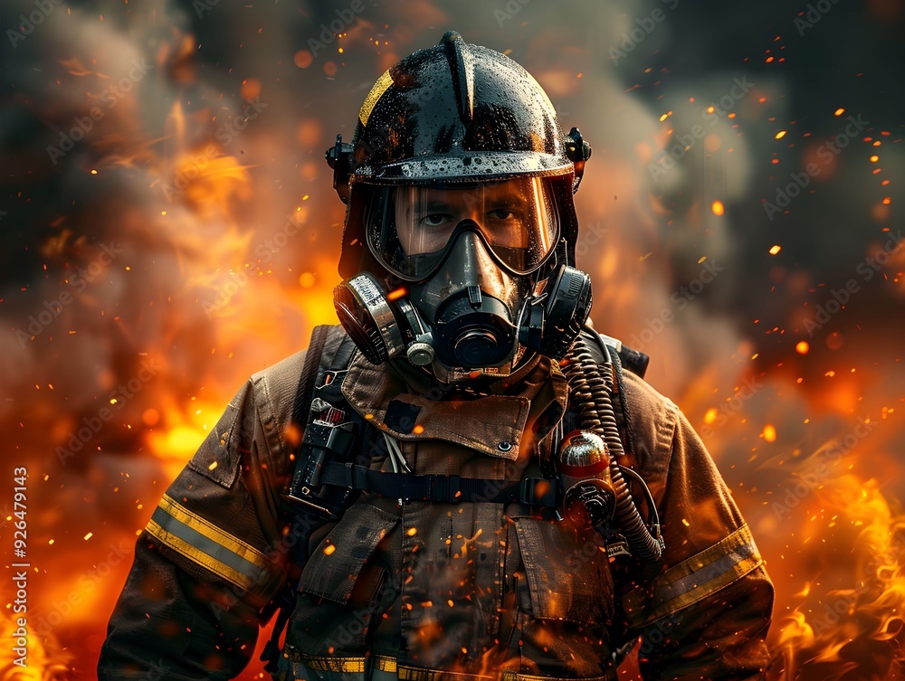 Firefighter battling flames in full gear during rescue operations at a burning site Firefighter battling flames in full gear during rescue operations at a burning site