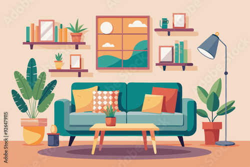 Interior of a cozy living room with a sofa, pieces of furniture, accessories, paintings and a plant

