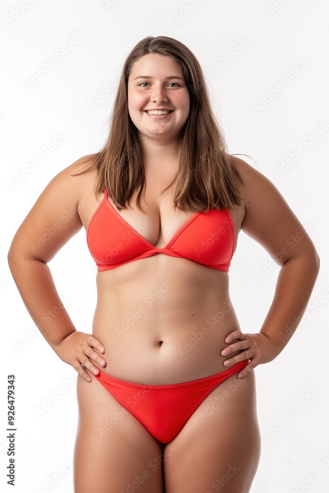 A smiling young woman with long brown hair is wearing a bright red bikini, standing against a white background. A smiling young woman with long brown hair is wearing a bright red bikini, standing against a white background.