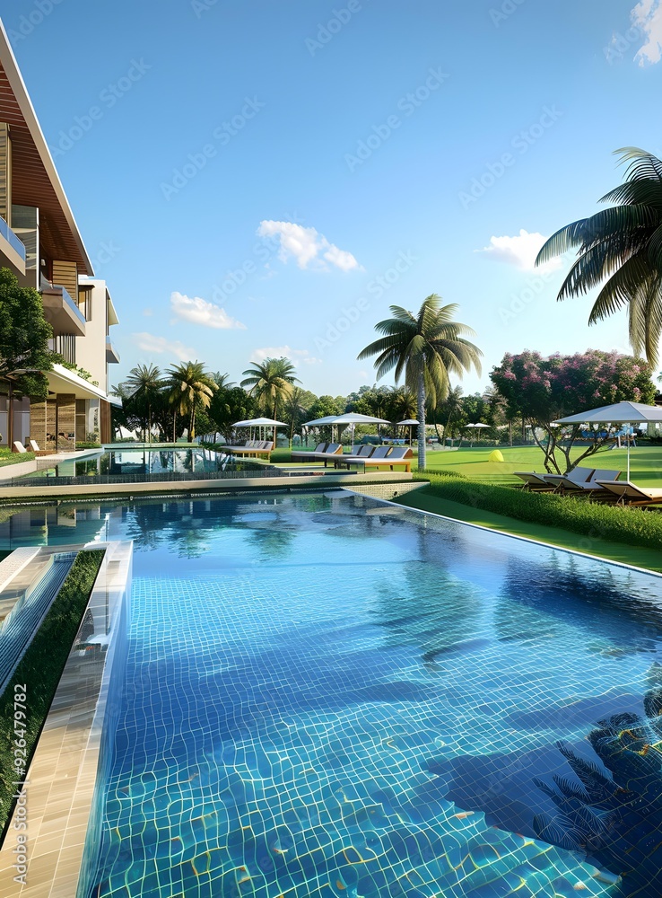 Fototapeta premium Tropical Resort Pool with Palm Trees and Blue Sky