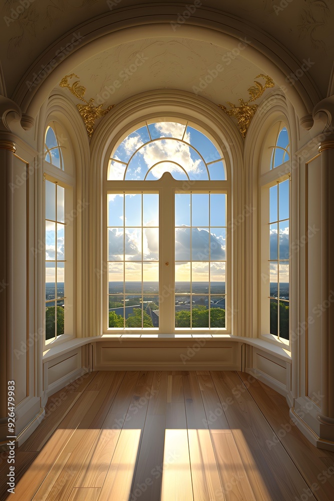 Large Arch Window with Golden Trim in a White Room Large Arch Window with Golden Trim in a White Room