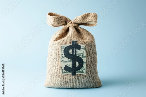 On a light blue background, a photo of a burlap money bag with a dollar sign and US dollars inside, presenting a minimal concept.