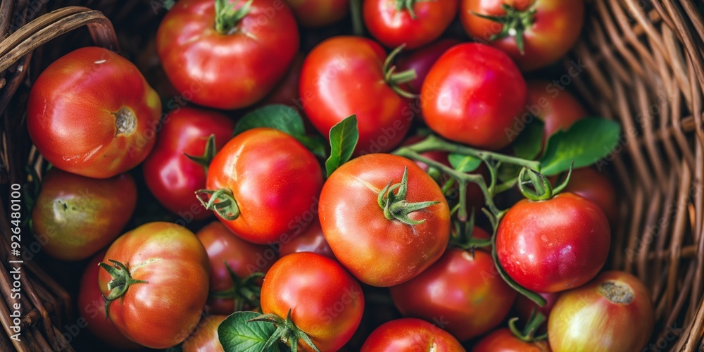 A woven basket is filled with ripe, red tomatoes with green stems, reflecting freshness and the bounty of a harvest. A woven basket is filled with ripe, red tomatoes with green stems, reflecting freshness and the bounty of a harvest.