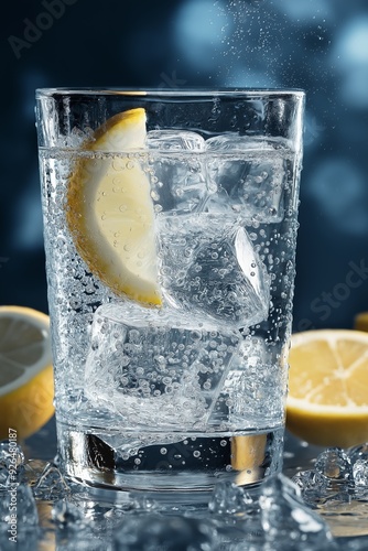 A refreshing glass of sparkling water with ice cubes and a slice of lemon, perfect for staying hydrated and refreshed. photo