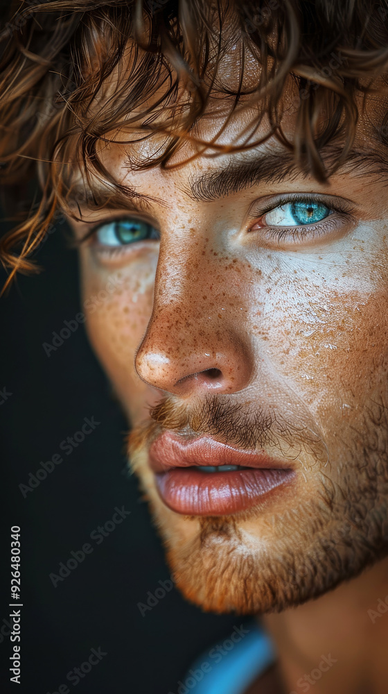 Obraz premium Close-up portrait of a Canadian male fashion model with freckled skin and intense blue eyes
