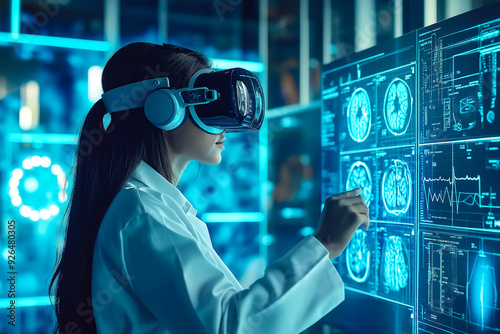 A woman scientist wears VR glasses, surrounded by a holographic display. The concept highlights advanced technology, virtual reality in science, and modern innovation. Generative AI.