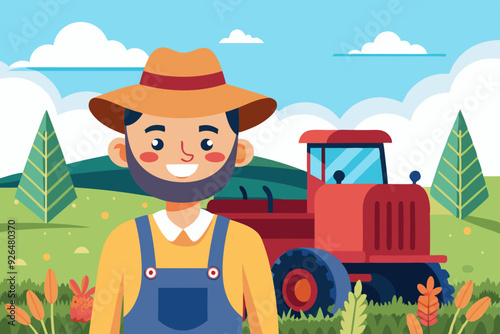 Cheerful farmer on the background of a field and a tractor. Agricultural work. Vector illustration
