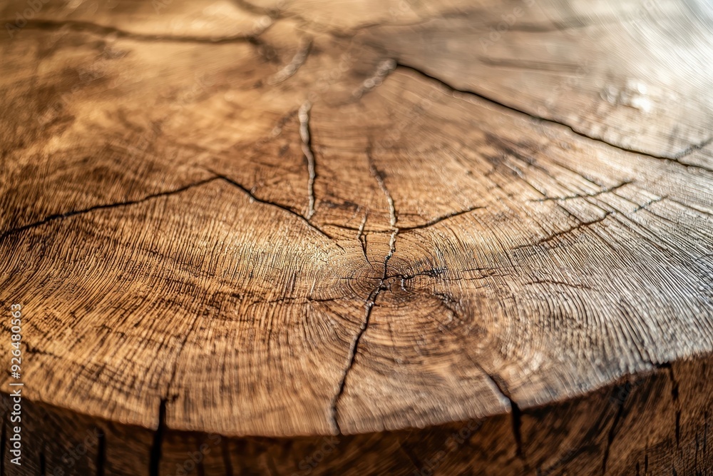 Fototapeta premium Natural Beauty: Close-Up of Warm Oak Countertop with Cracks and Intricate Wood Grain for Rustic Interior Designs