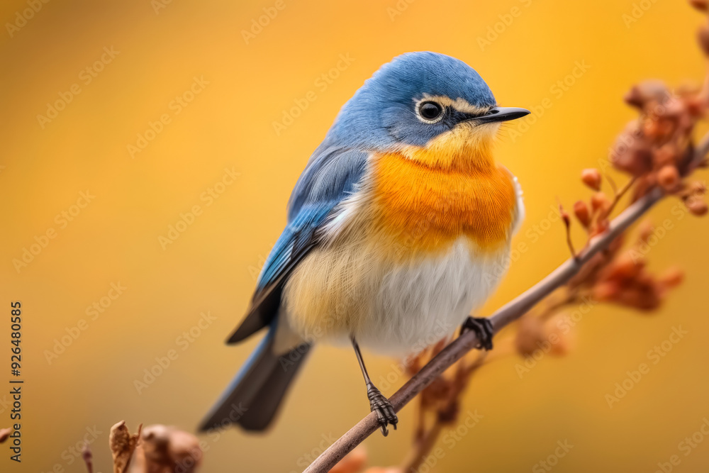Fototapeta premium A small bird with a blue head and orange body is perched on a branch. The bird appears to be looking at the camera, and the scene has a peaceful and serene mood
