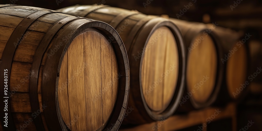 A row of wooden barrels perfectly lined up in a rustic indoor setting, representing tradition and craftsmanship in winemaking. A row of wooden barrels perfectly lined up in a rustic indoor setting, representing tradition and craftsmanship in winemaking.