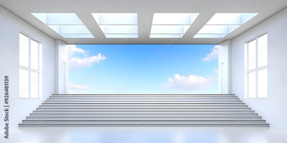 Naklejka premium Modern White Stairway Leads to Sky With Clouds