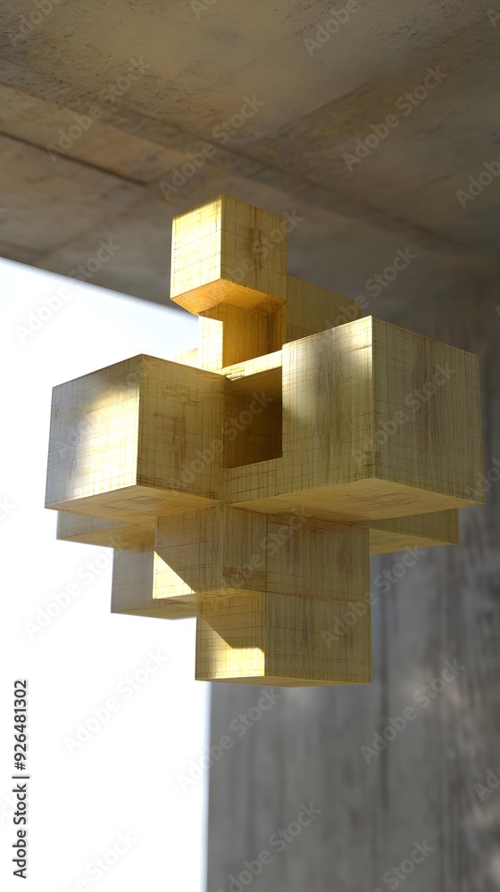 Fototapeta premium Abstract Wooden Cube Sculpture In Minimalist Style