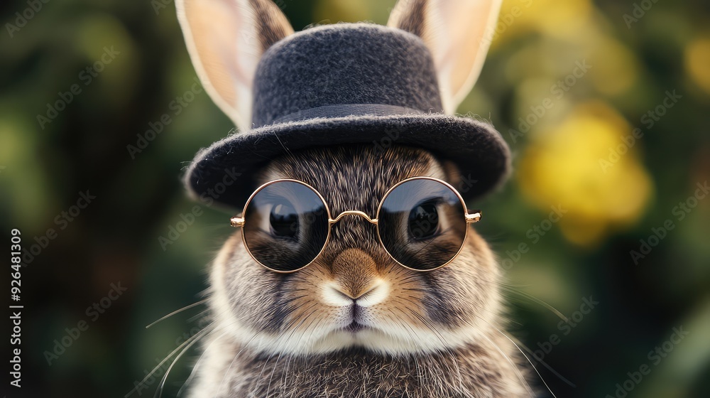 Obraz premium Fashion-forward rabbit with round, tinted sunglasses and a tiny bowler hat.