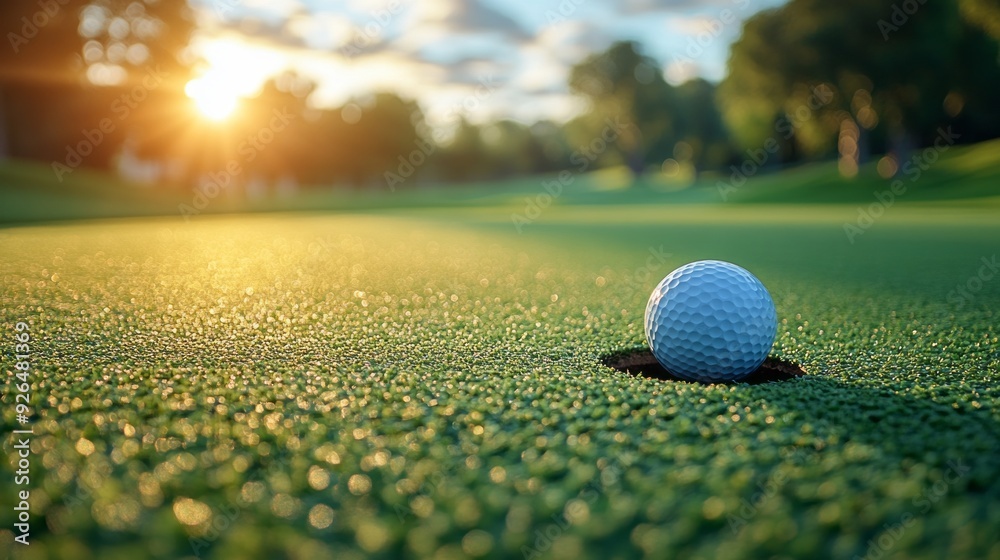 A golfer watches intently as the ball rolls toward the hole under a vibrant sunset, illuminating the tranquil golf course atmosphere A golfer watches intently as the ball rolls toward the hole under a vibrant sunset, illuminating the tranquil golf course atmosphere
