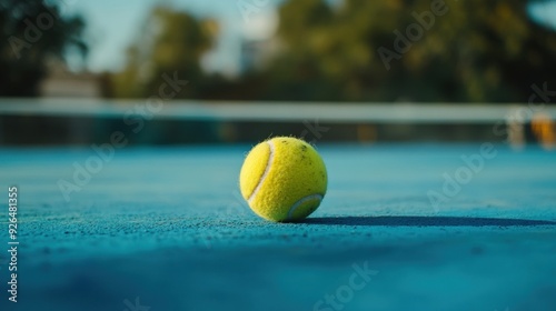 Tennis ball on blue tennis court close up