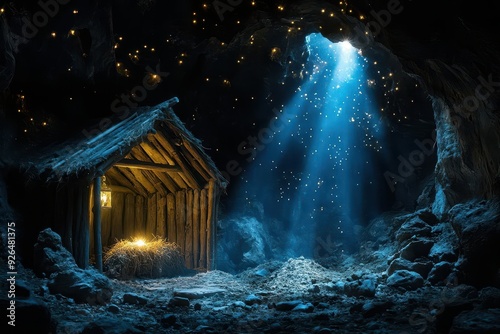 atmospheric night scene of weathered wooden manger bathed in ethereal starlight streaming through cave opening signifying holy birth in humble surroundings photo