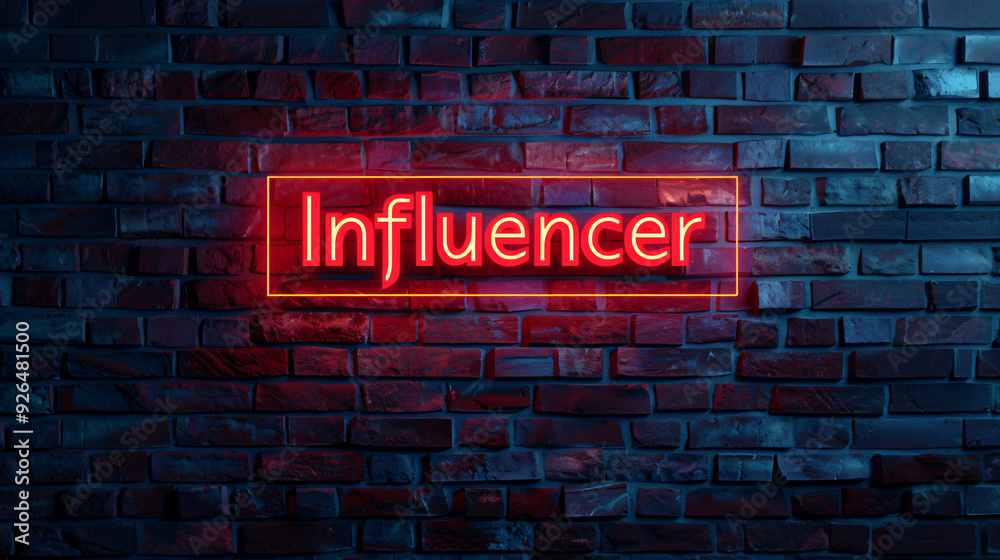 Fototapeta premium Influencer concept: red neon sign on brick wall at night, representing online influence and digital marketing
