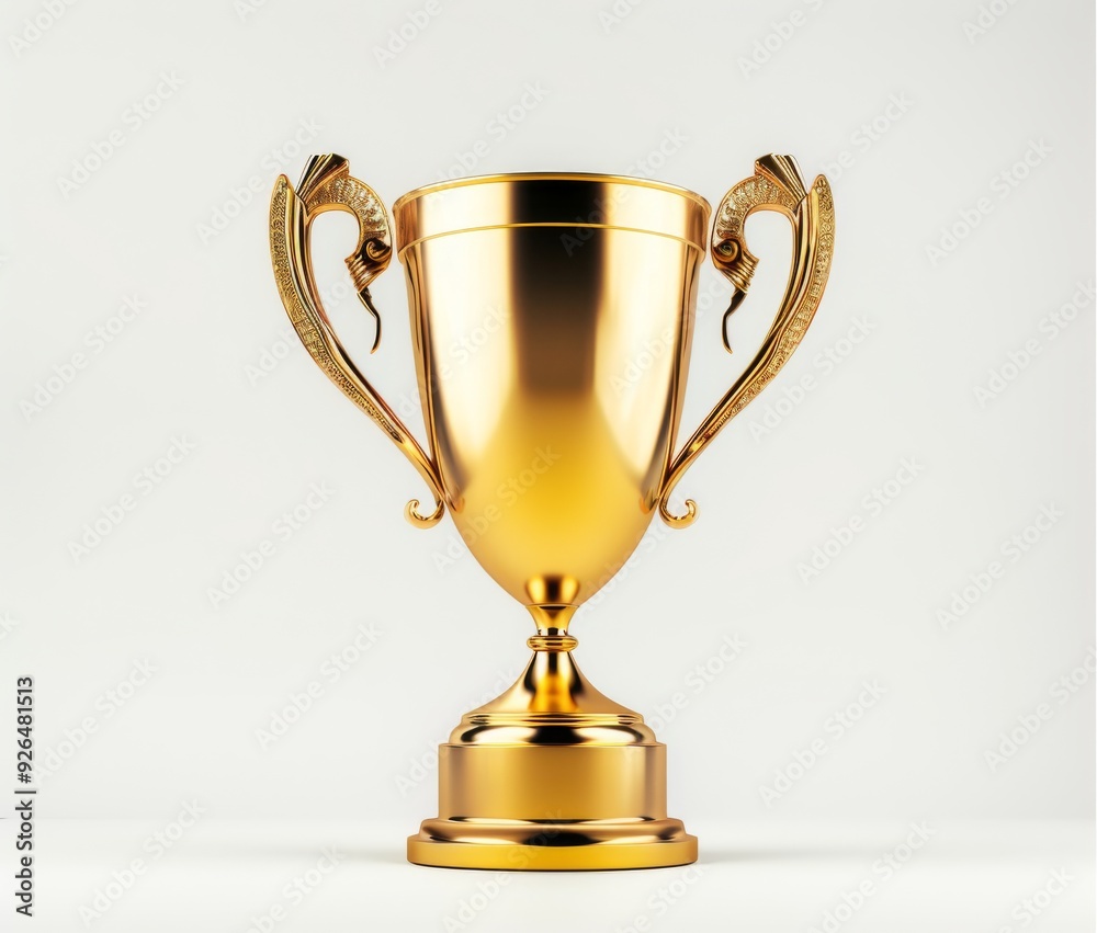 A shiny golden trophy with two handles, simple design, white isolated background. Winner award success. A shiny golden trophy with two handles, simple design, white isolated background. Winner award success.