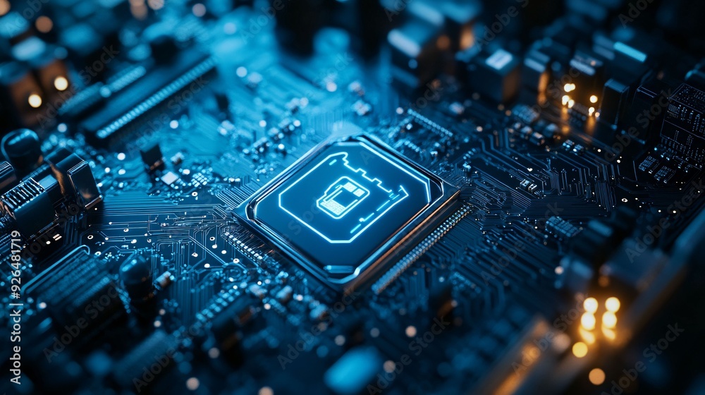 Close-up of a microchip with a glowing digital lock symbol, highlighting cybersecurity, data protection, and secure technology in modern computing systems.