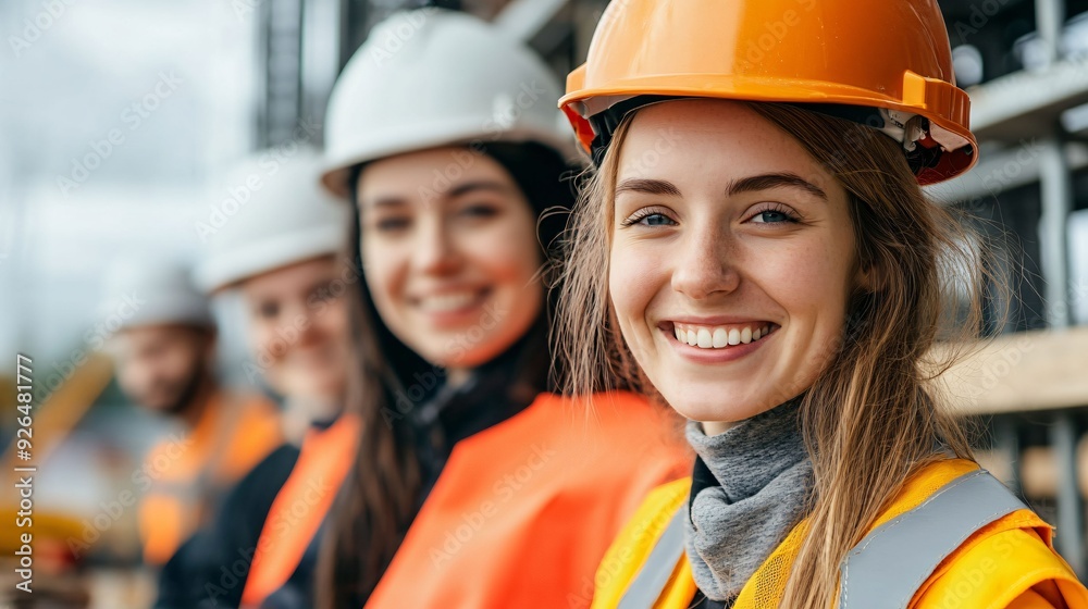 Group of female construction workers smiling on-site, wearing hard hats and safety vests, symbolizing teamwork and gender diversity in the construction industry.