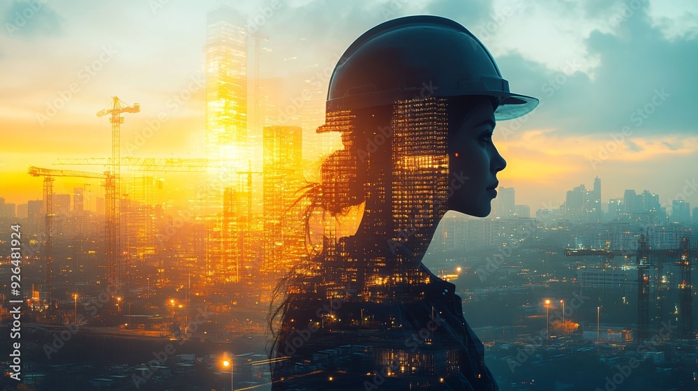 Double exposure image of a female engineer in a hard hat merged with an urban construction site at sunset, symbolizing innovation, progress, and the future of city development. Double exposure image of a female engineer in a hard hat merged with an urban construction site at sunset, symbolizing innovation, progress, and the future of city development.
