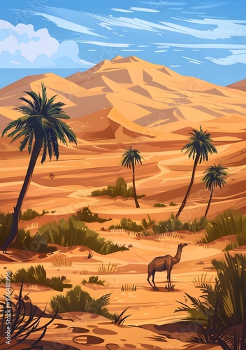 Desert Landscape with Palm Trees and Camel