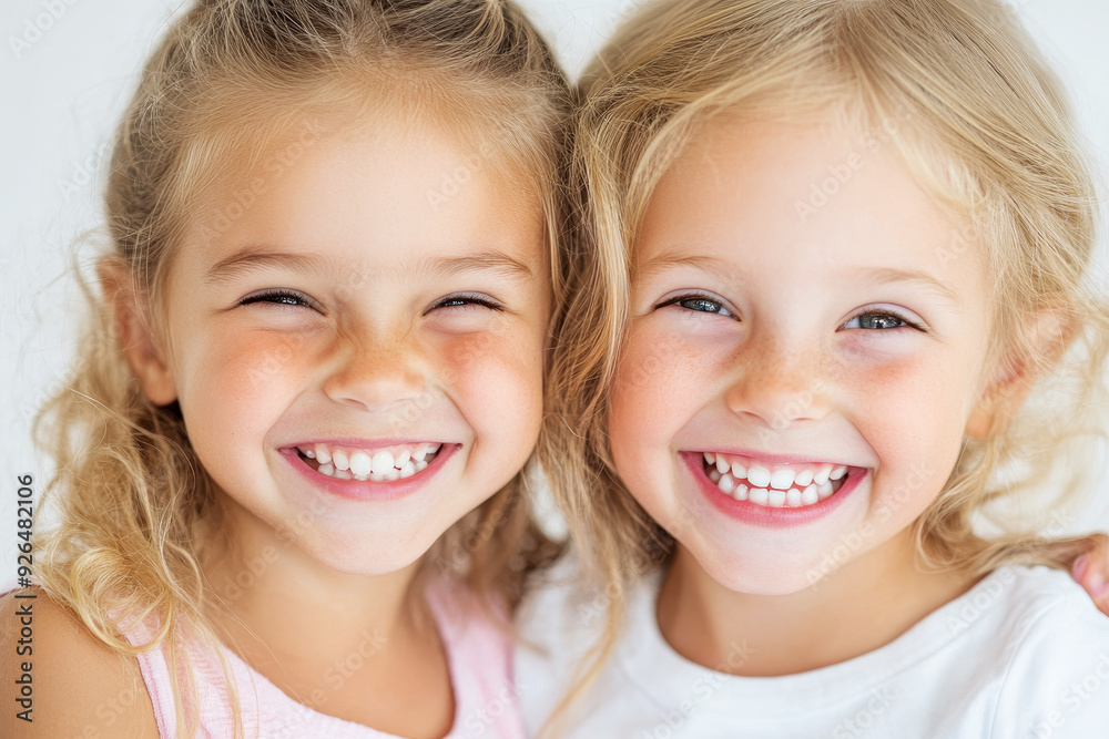 Two young child friends smiling brightly in a dental clinic setting Two young child friends smiling brightly in a dental clinic setting