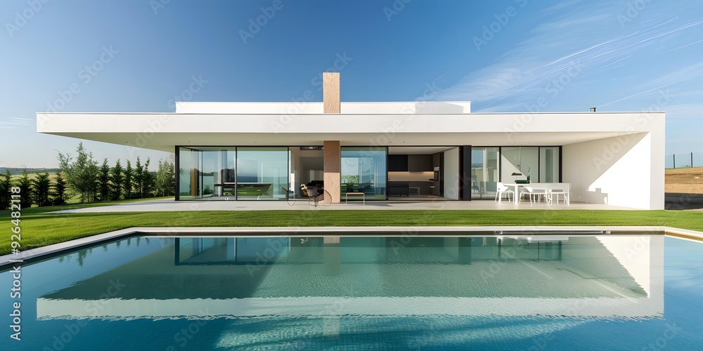 Fototapeta premium Modern Minimalist House with Pool and Green Lawn