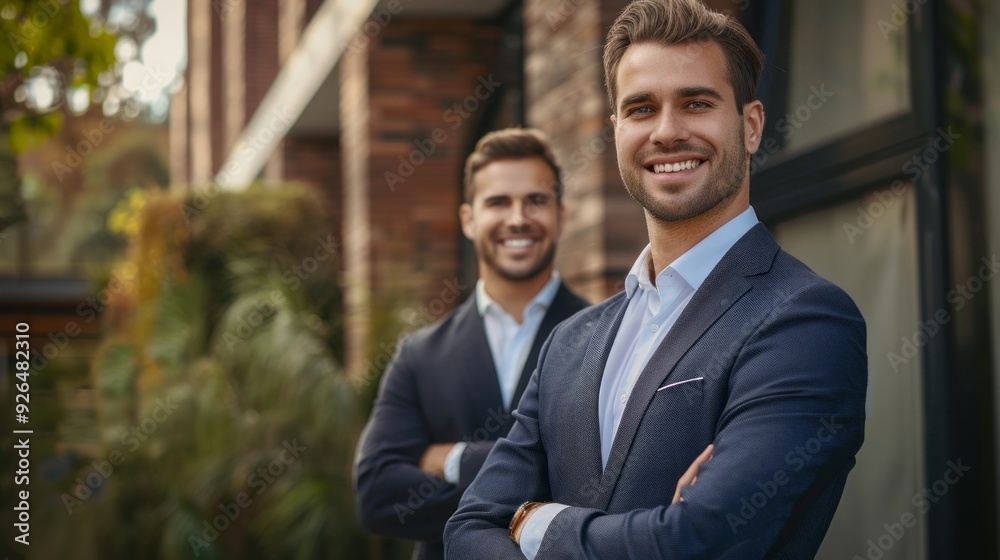 Two well-dressed individuals stand side by side, exuding confidence and friendliness, against a backdrop of greenery and contemporary architecture Two well-dressed individuals stand side by side, exuding confidence and friendliness, against a backdrop of greenery and contemporary architecture