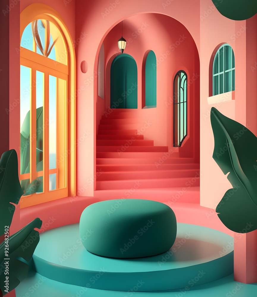 Abstract 3D Illustration of Room with Green Platform and Stairs Abstract 3D Illustration of Room with Green Platform and Stairs