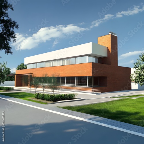 Wallpaper Mural Modern Brick Building with Large Windows and a Green Lawn Torontodigital.ca