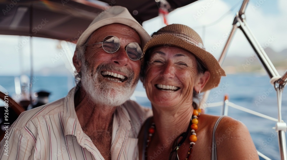 A joyful couple enjoys a sunny day on their sailboat, laughing together against a backdrop of sparkling blue waters A joyful couple enjoys a sunny day on their sailboat, laughing together against a backdrop of sparkling blue waters