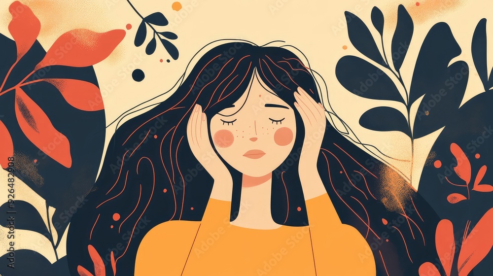 Flat vector illustration of a female character feeling embarrassed, hand drawn doodles, minimalistic, petrol details. Flat vector illustration of a female character feeling embarrassed, hand drawn doodles, minimalistic, petrol details.