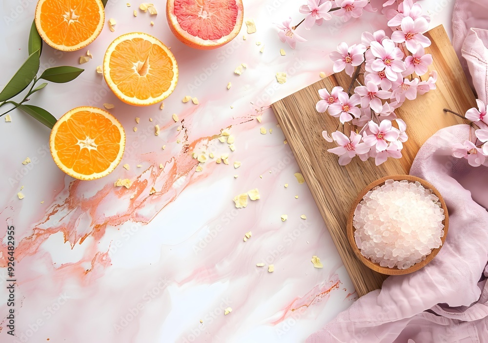 Pink Marble Background with Oranges and Flowers Pink Marble Background with Oranges and Flowers