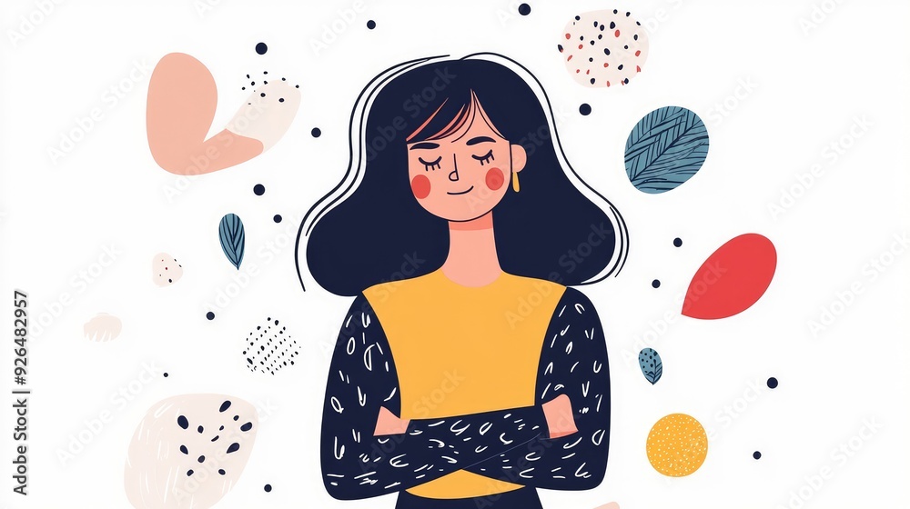 Flat vector illustration of a female character feeling confident, hand drawn doodles, minimalistic, petrol details. Flat vector illustration of a female character feeling confident, hand drawn doodles, minimalistic, petrol details.