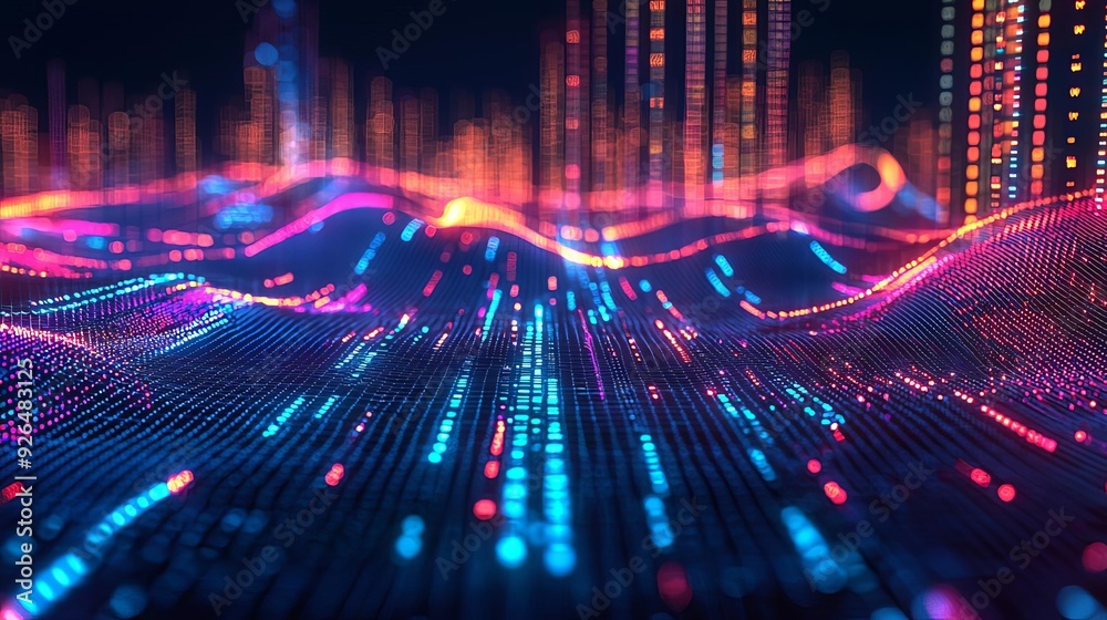 Fototapeta premium Market trend analysis, flowing data lines and futuristic graphs, 3D illustration
