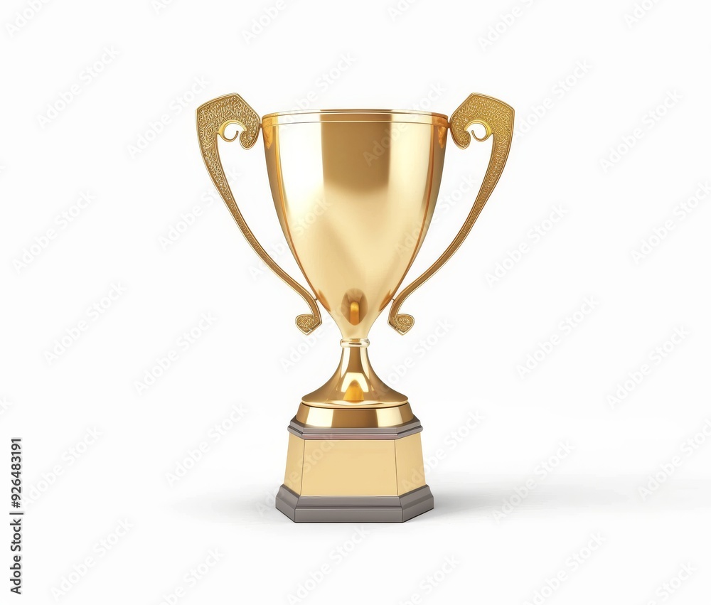 A shiny golden trophy with two handles, simple design, white isolated background. Winner award success. A shiny golden trophy with two handles, simple design, white isolated background. Winner award success.