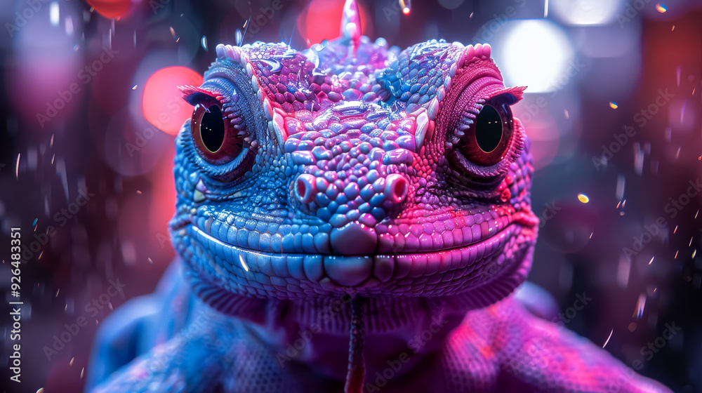 A colorful lizard with a pink face and red legs is sitting on a rock. The lizard's bright colors and unique appearance make it stand out against the dark background. Concept of wonder and curiosity A colorful lizard with a pink face and red legs is sitting on a rock. The lizard's bright colors and unique appearance make it stand out against the dark background. Concept of wonder and curiosity