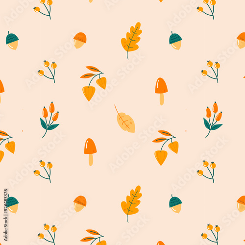 nice autumn background with leaves, mushrooms and acorns