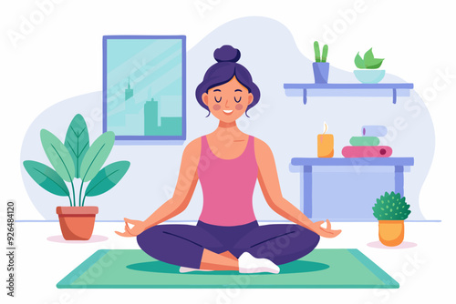 Happy woman doing yoga at home. Relaxation and concentration. Healthy and active lifestyle
